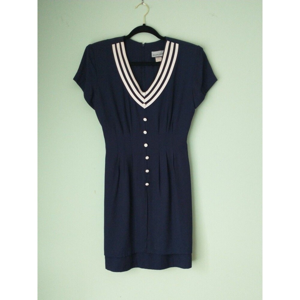 Vintage Breakin Loose Womens V-Neck Midi Sheath Dress 8 Blue Nautical Sailor 90s